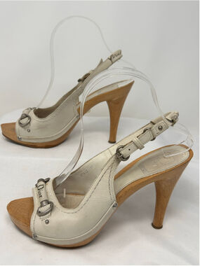 Christian Dior White Leather Wood Platform Slingback Heels EU 37.5